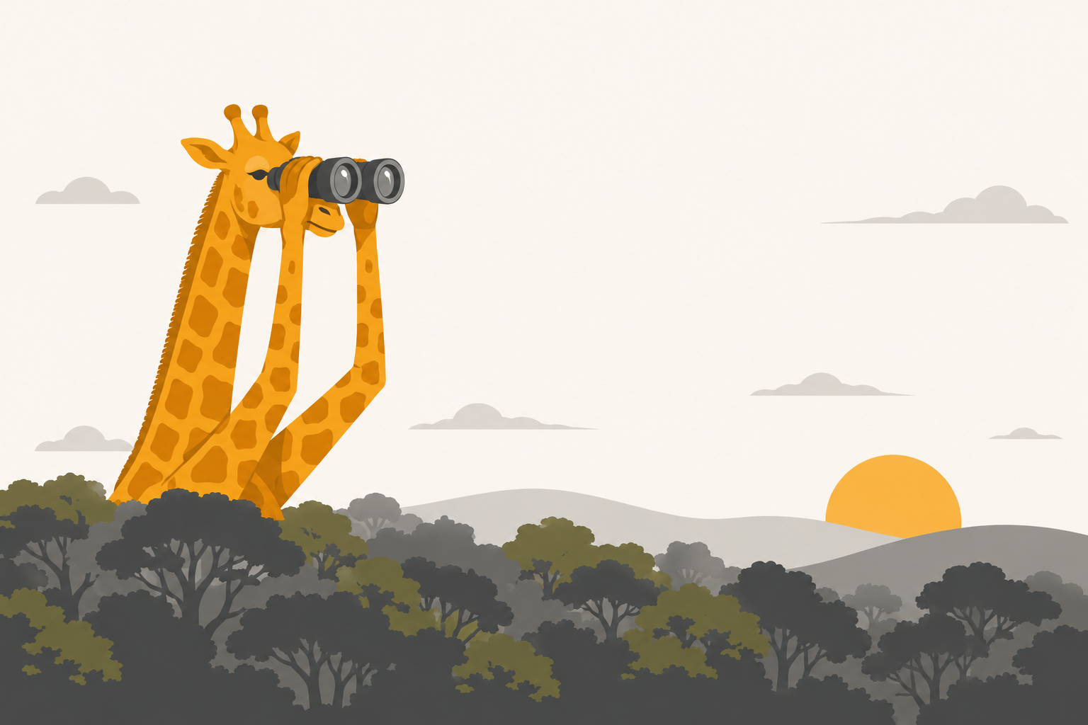 Illustration of a giraffe looking through binoculars over the treetops, searching for talent
