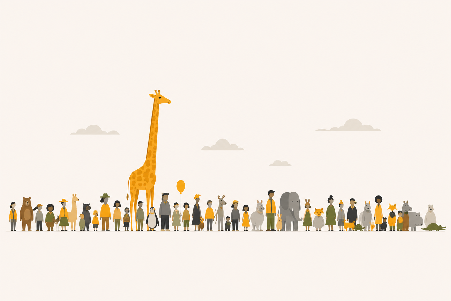 Illustration of a giraffe standing tall in a long lineup of diverse people and animals